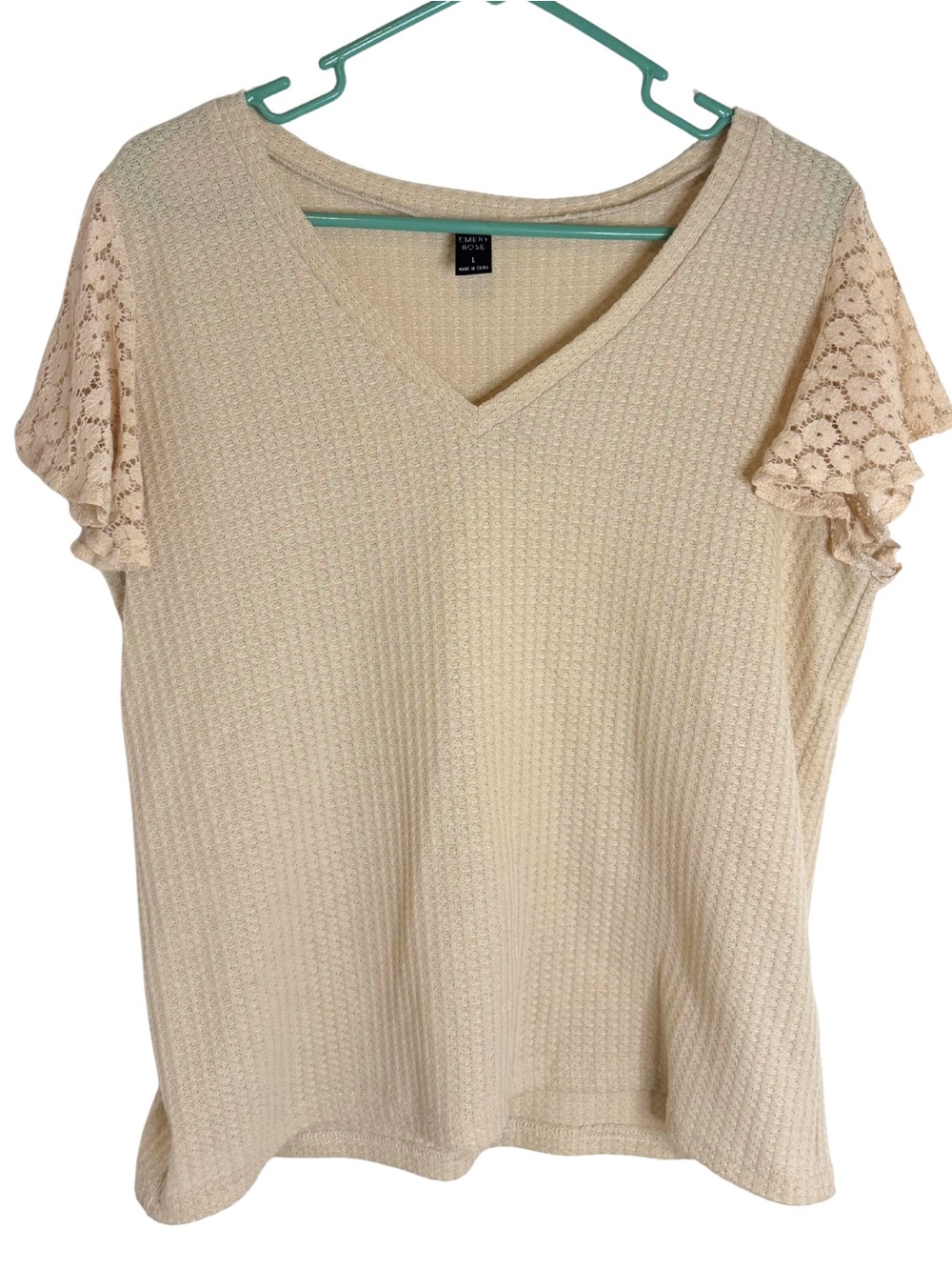 3/$20 Emery Rose Cream V-Neck Short Sleeve Waffle Knit Top with Lace Sleeves